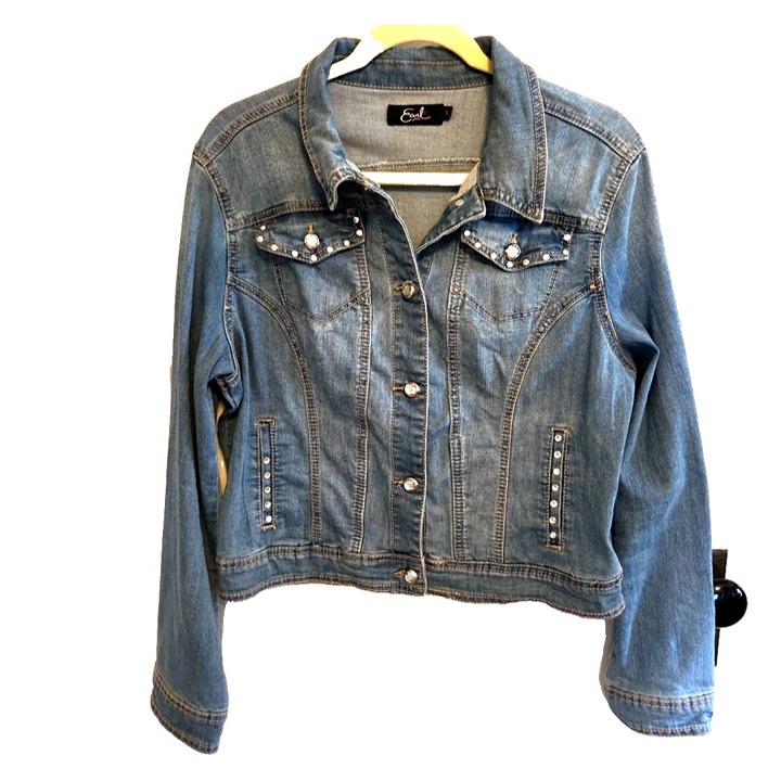 Large Earl Blue Jean Denim Jacket Coat Button Up Rhinestones Pocket Cotton Bling