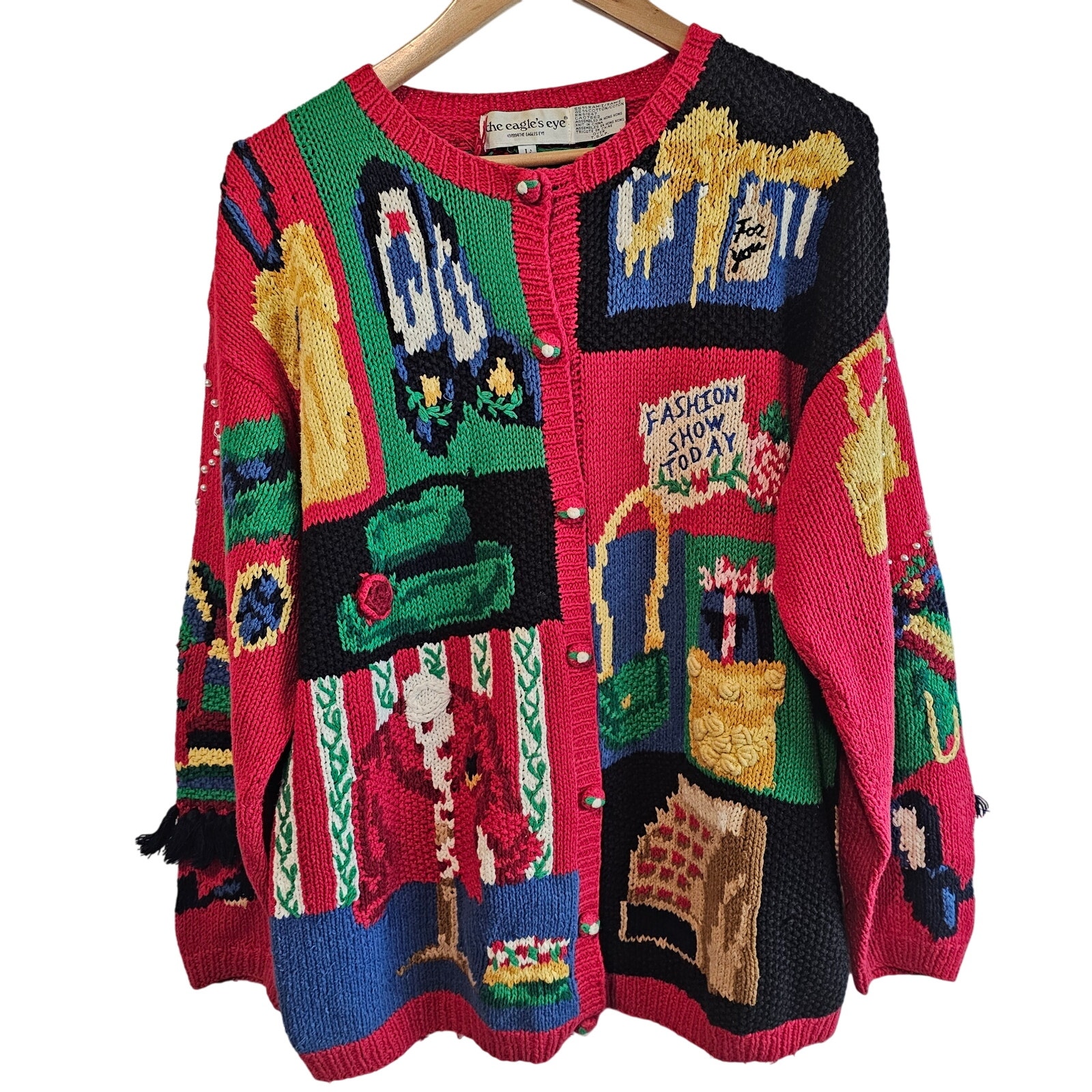 Vintage The Eagle's Eye Cardigan Women Large 90s Knit Shopping Whimsical Granny