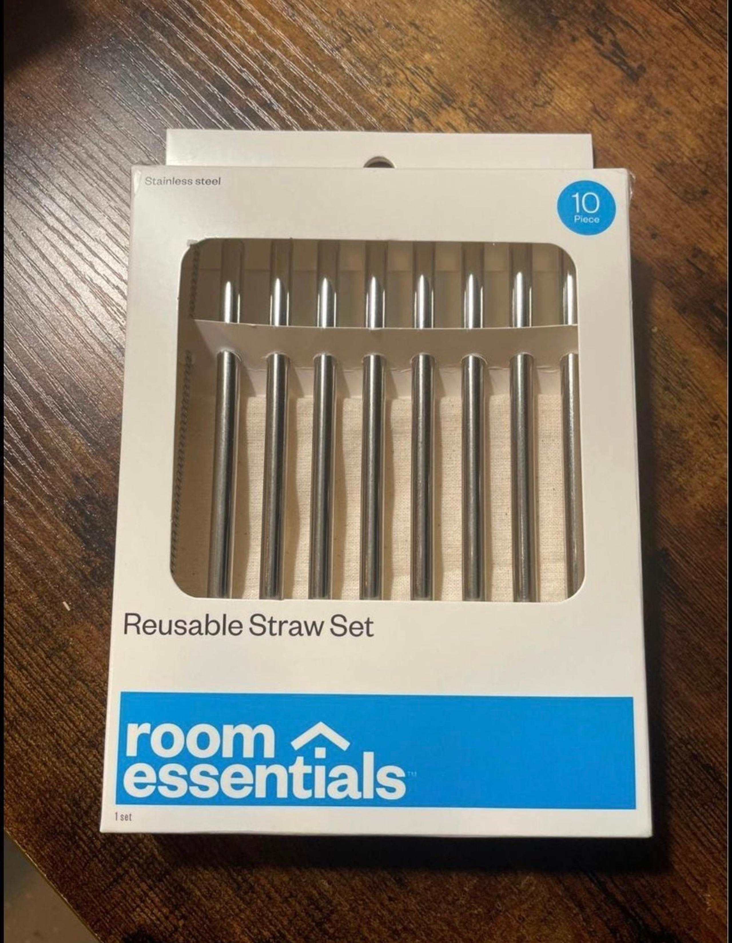 10 Pc. Reusable Straws w/Cleaning Brush & Carry Pouch Stainless Steel Cocktail-R