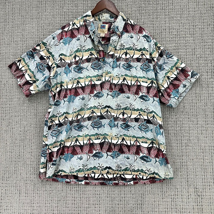 Vintage Avi Kahala Shirt Mens Size XL Multi Pullover Short Sleeve Fish Surfer