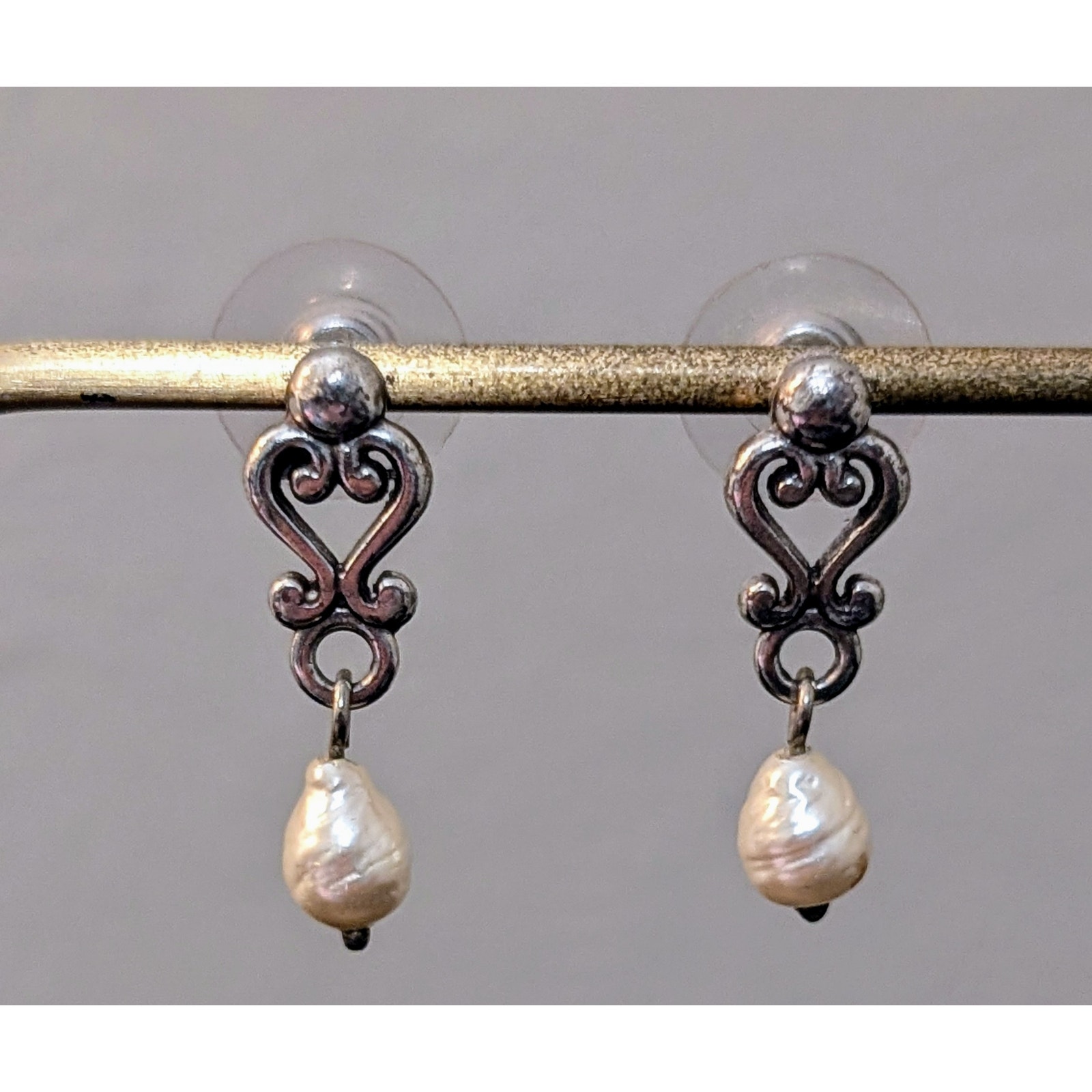 Vintage Sterling Silver Scroll Baroque Teardrop Freshwater Pearl Dangle Earrings