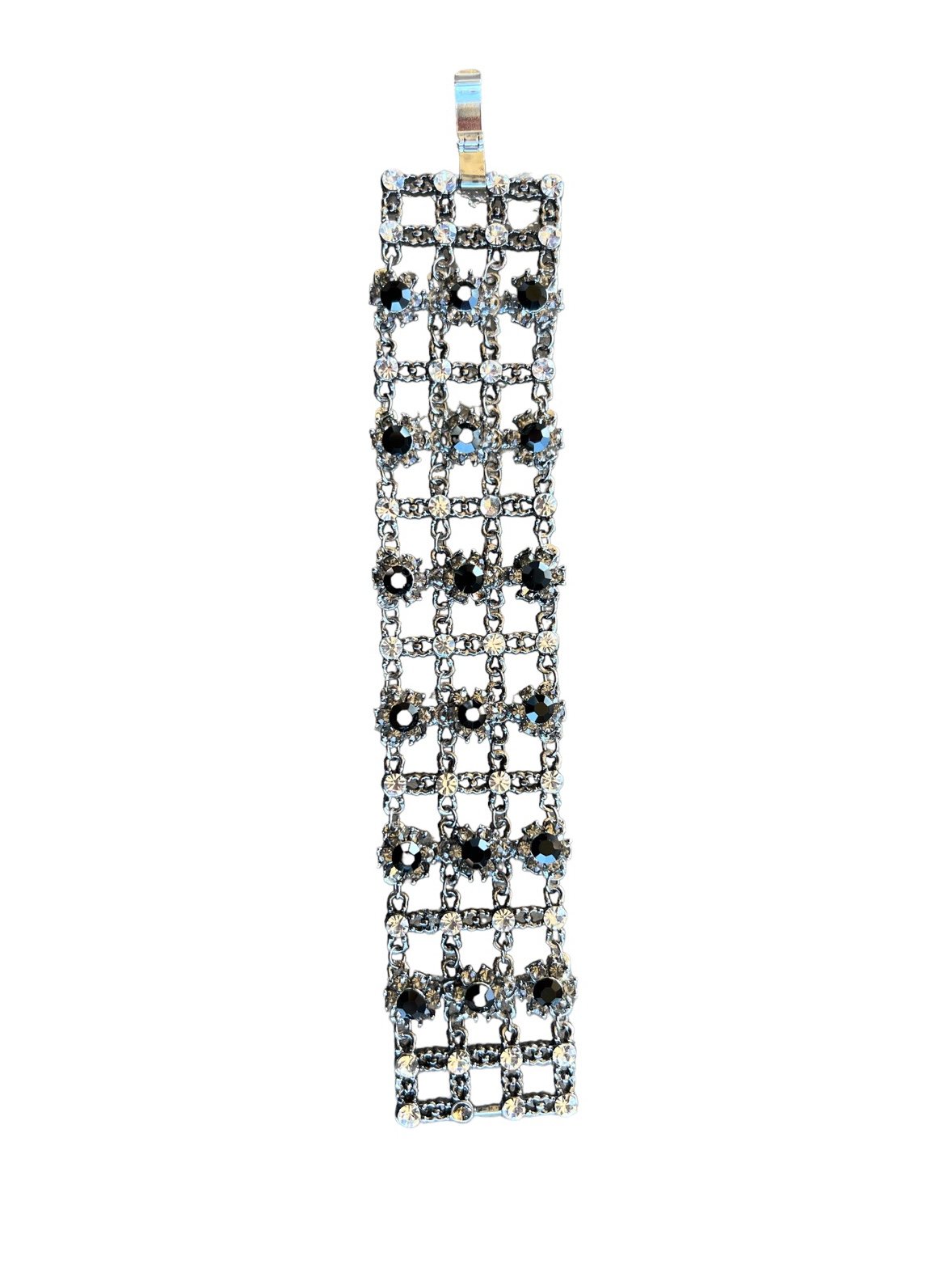 Vintage Unmarked Black Rhinestone 8” Silver Toned Bracelet