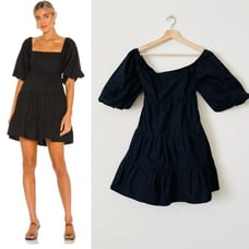 Faithfull the Brand MEDIUM Eryn black tiered puff sleeve tied back mini dress