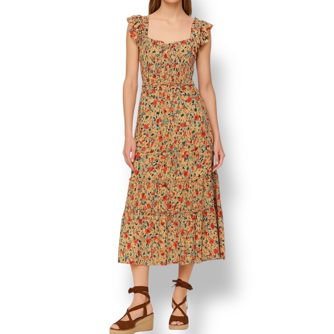 Sea New York Ensley Flutter Sleeve Silk Midi Dress Multicolor Yellow Floral