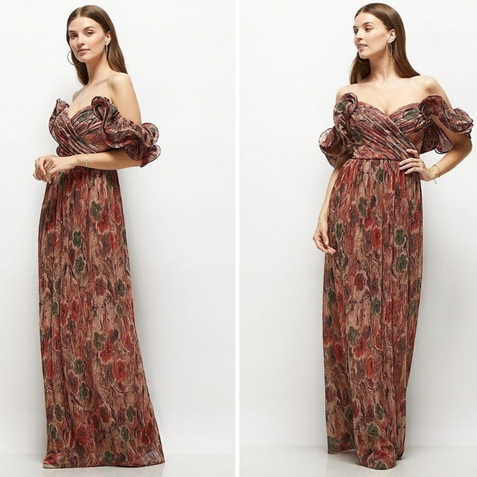 After Six Dramatic Ruffle Edge Strap Fall Floral Pleated Metallic maxi Dress