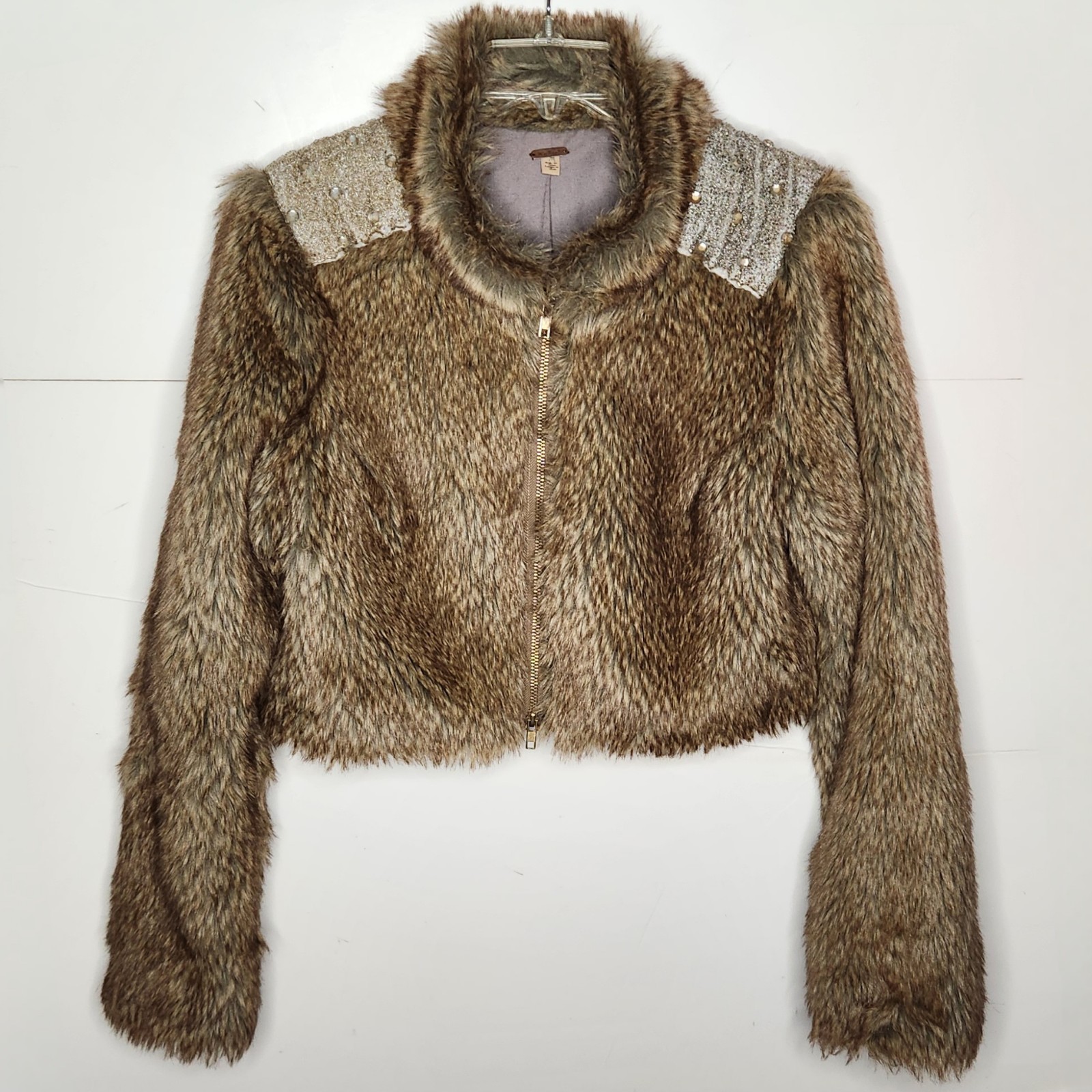 Free People Faux Fur Cropped Brown Jacket Beaded Rhinestone Womens Medium