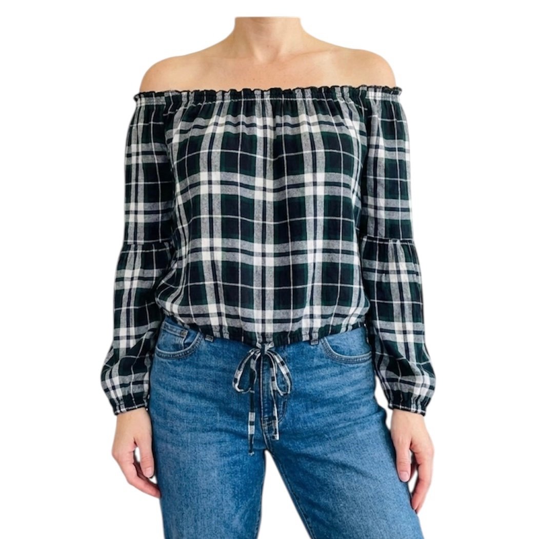 Hollister Blue Green Plaid Long Sleeve Top Off Shoulder L Preppy Holiday Classic