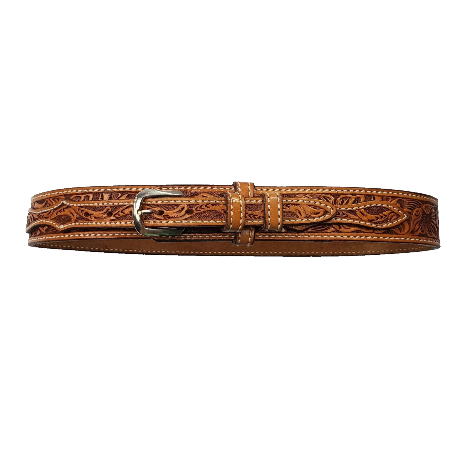 Double J Saddlery Yoakum Texas Natural Floral Tooled Ranger Belt Size 32 Brown