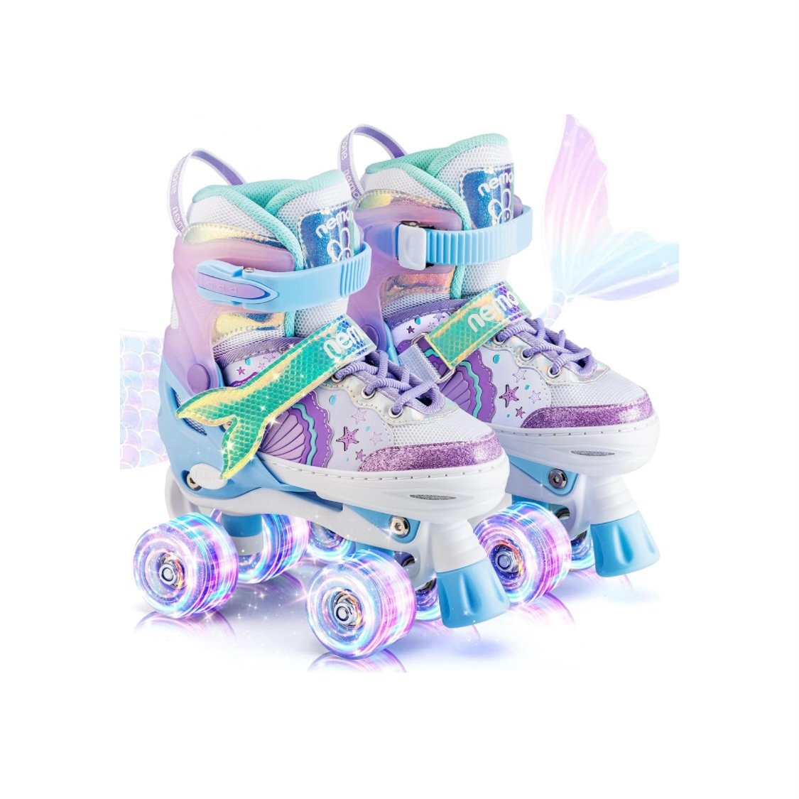 NEMONE Mermaid 4 Size Adjustable Light up Roller Skates for Girls - Lights Up