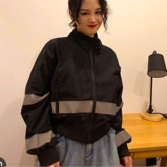SORELLA Cropped Nylon Bomber Jacket Reflective Stripes in Black Size S