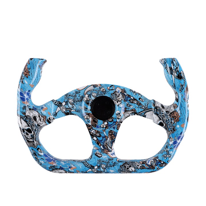 NEW UNIVERSAL 330MM Graphic Skull Look Yoke Style 6 Holes Blue Steering Wheel