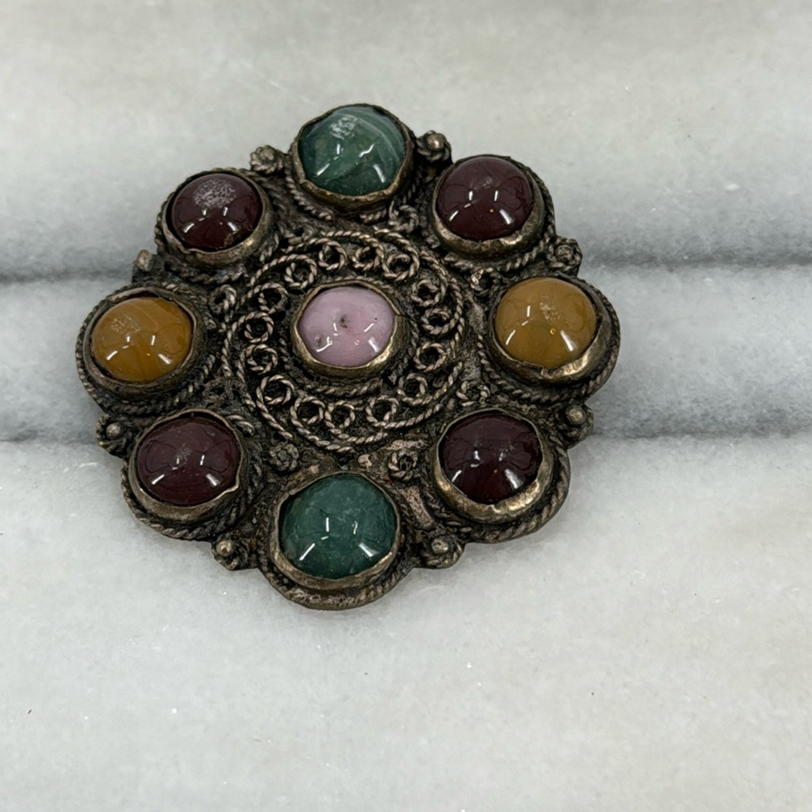 Antique Mexican semi precious stones filagree brooch