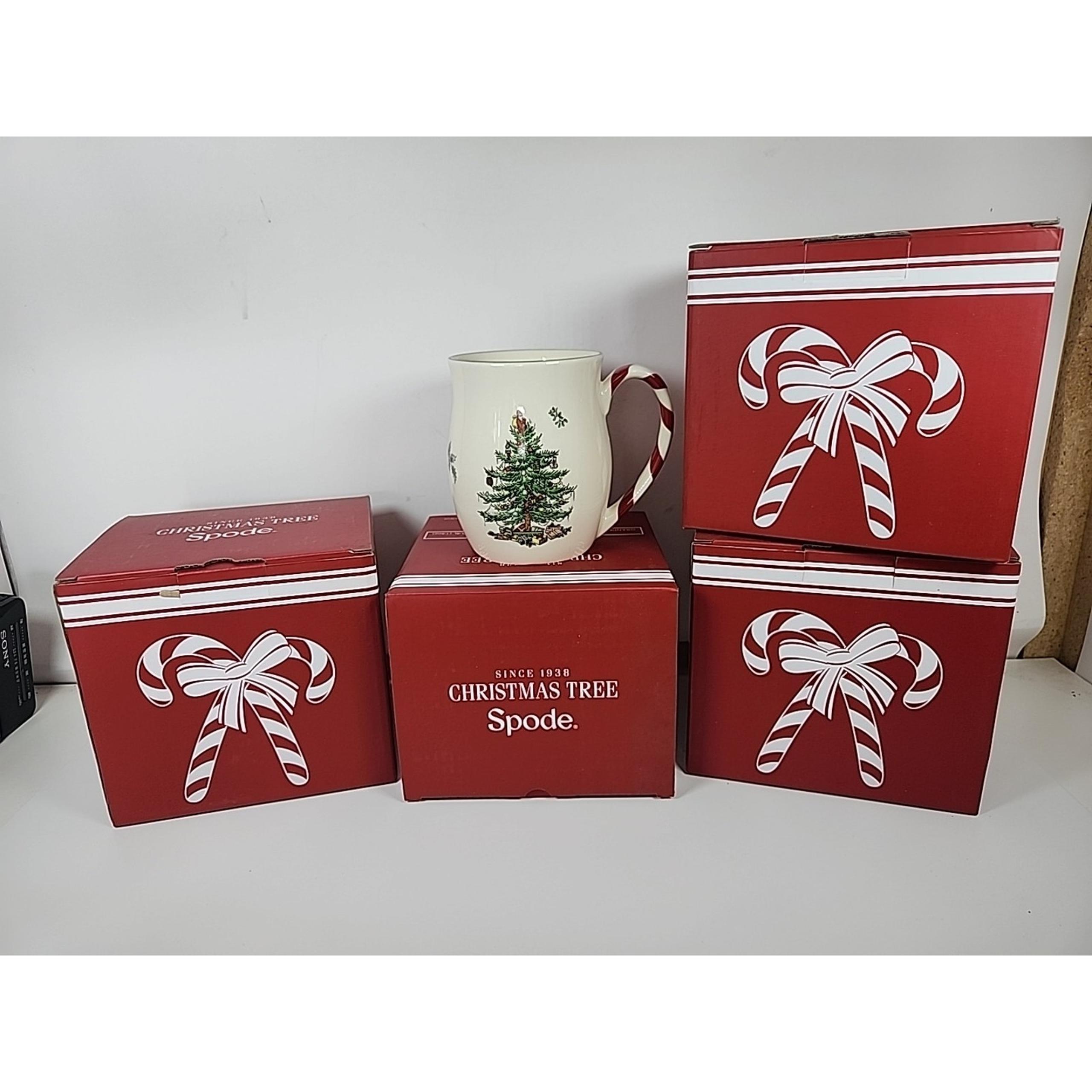 Spode Christmas Tree Mug Porcelain 14 oz Peppermint Stripe Handle Set Of 4 New