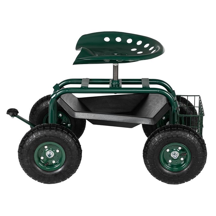 NEW Rolling Garden Cart Swivel Seat with Storage Basket for Outdoors Lawns Yard
