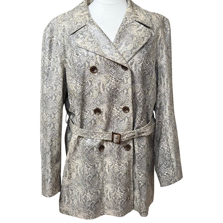 Gallery Womens Snakeskin Double Breasted Faux Leather Trench Belted Coat XL