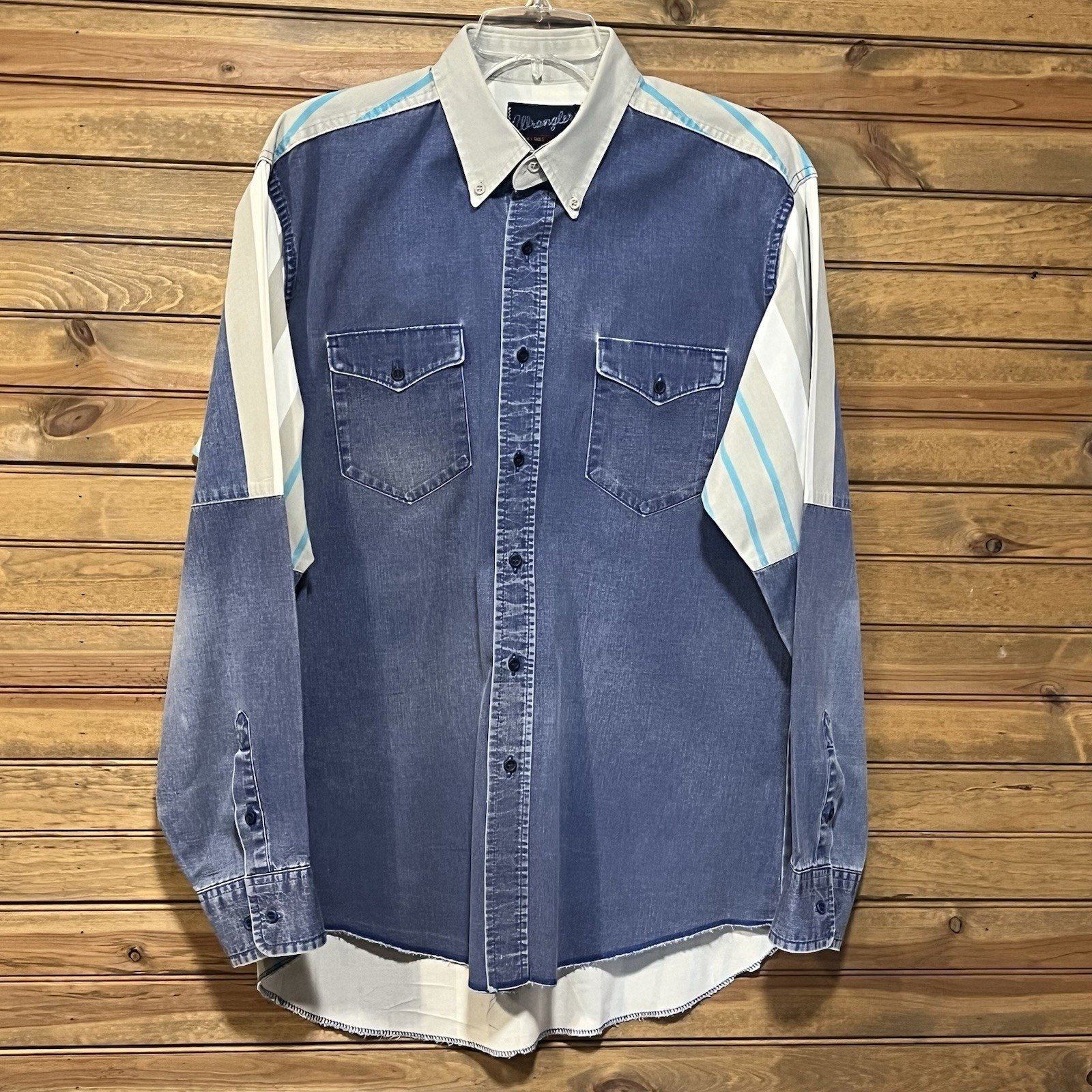 Vtg Wranglers Men’s Brushpopper Button Denim Striped Shirt 40’s-60’s 16.5x36