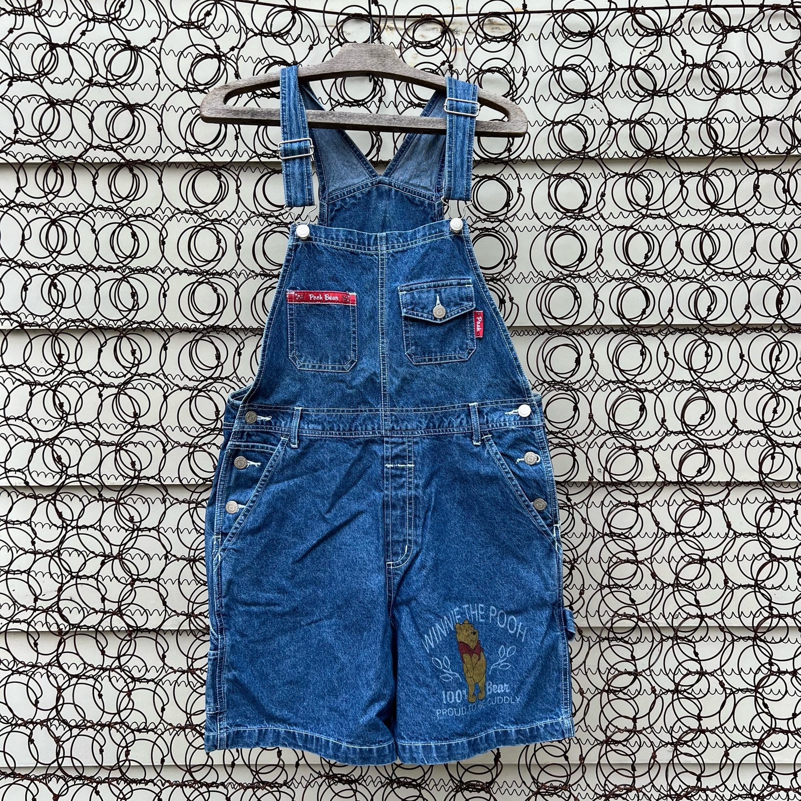 Vintage 90s Y2K Pooh Logo Image Denim Jean Shortalls Overalls Multi Pocket SMALL