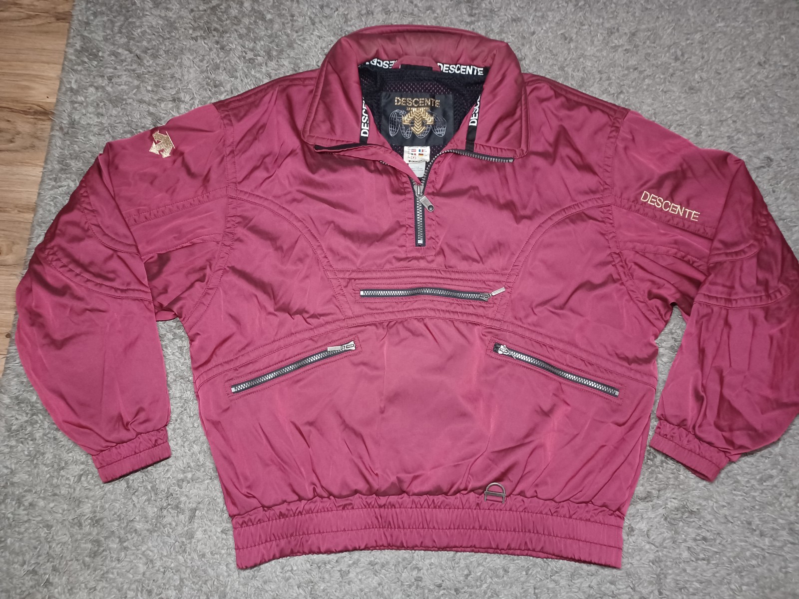 Vtg 90s Mens Descente Red Pullover Hooded Bomber Ski Jacket Quarter Zip XL