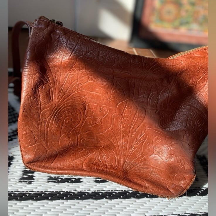 American Leather Co. Brown Paisley Embossed Crossed Body Bag