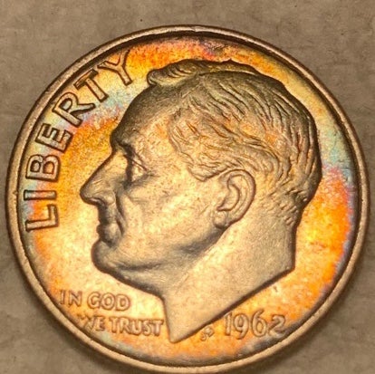 1962 Roosevelt dime 90% Silver rainbow tones both sides