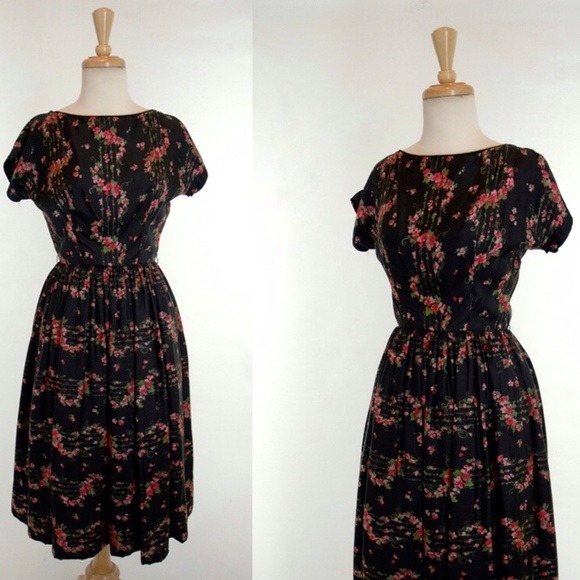 Vintage 1950s Black Floral Silk Dress