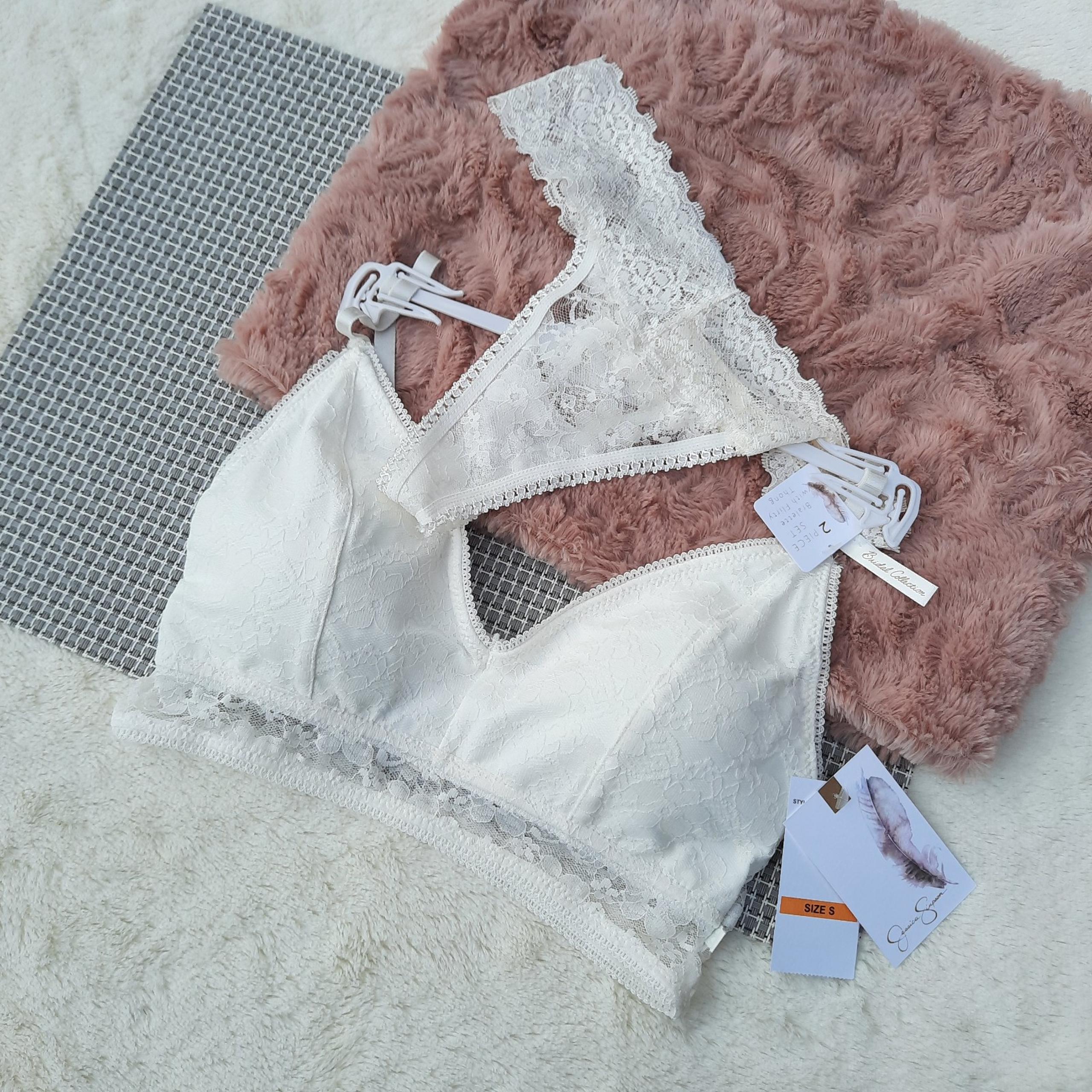 Jessica Simpson Bridal Set Wireless Bralette Lace Thong Underwear NEW White Sm