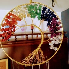 Tree of Life Agate Slice Wind Chime, Handmade 7 Chakra Stone Healing Crystal