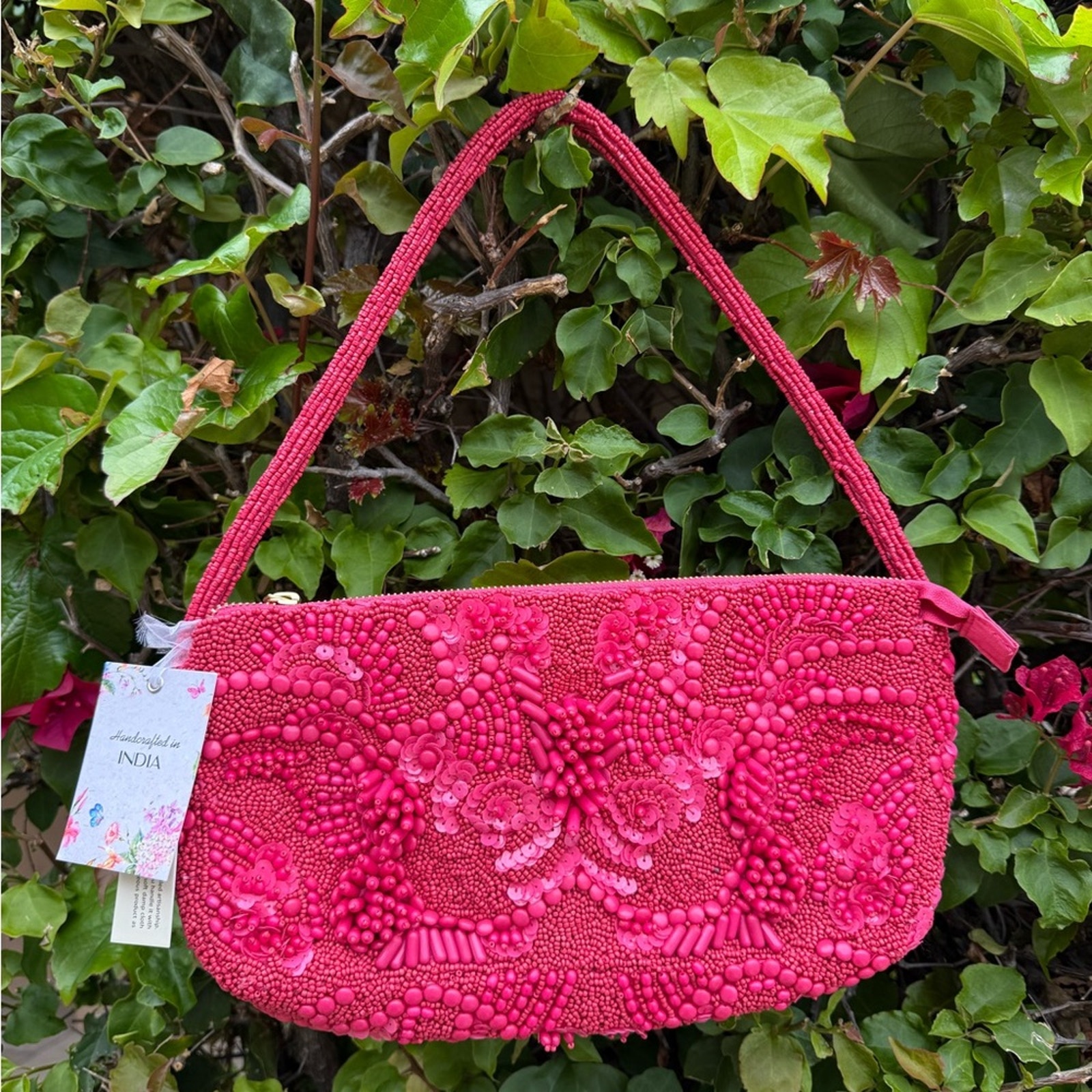 NWT Viral Beaded Embellished Pink Shoulder Top Handle Bag Handcrafted Handmade