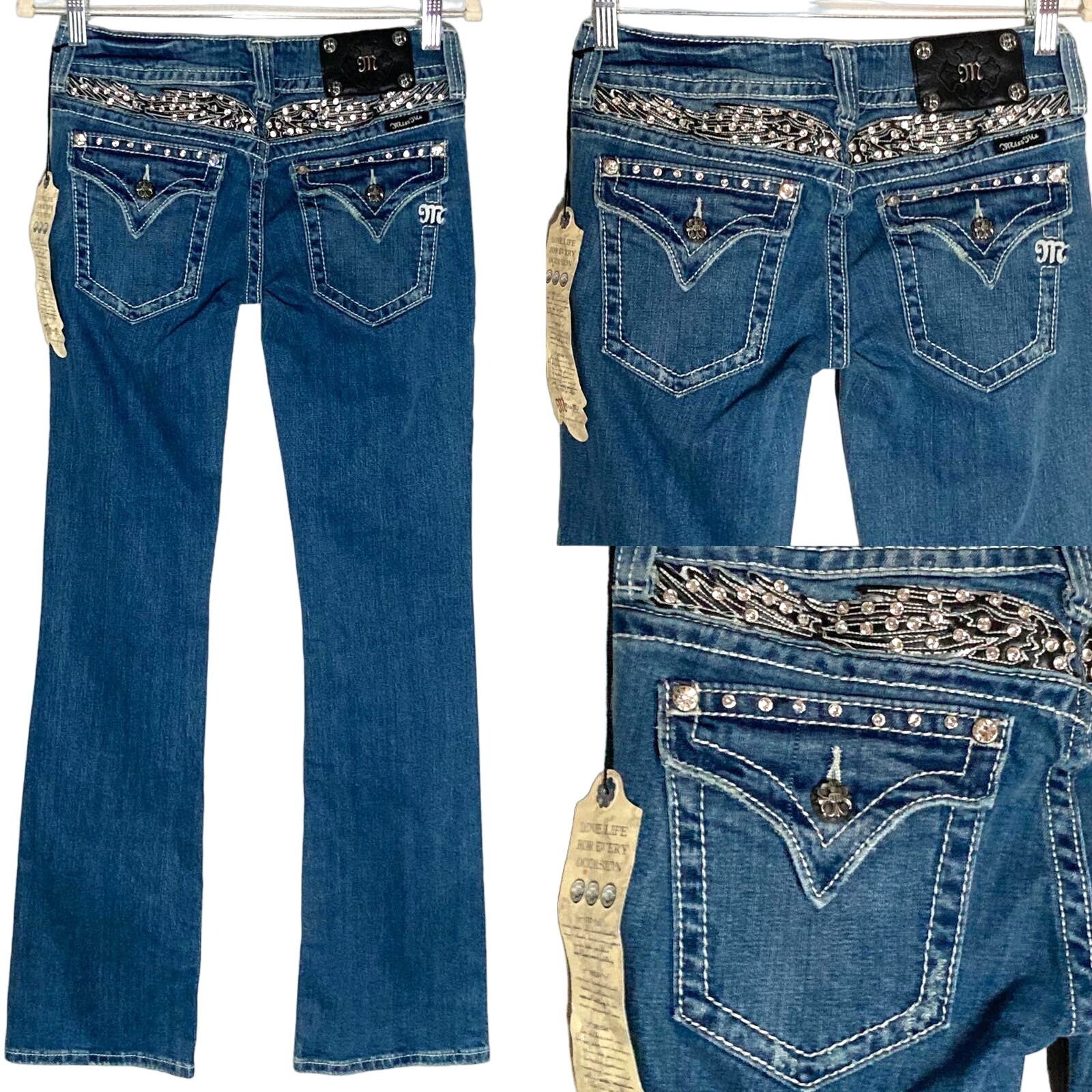 NWT Miss Me Low Rise Bootcut Jeans Angel Wings Crystals Back Flap Pockets Sz 27