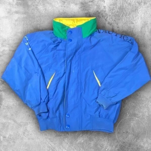 Nautica Challenge J-Class Mens Vintage Full Zip Packable Hood Jacket Medium Blue