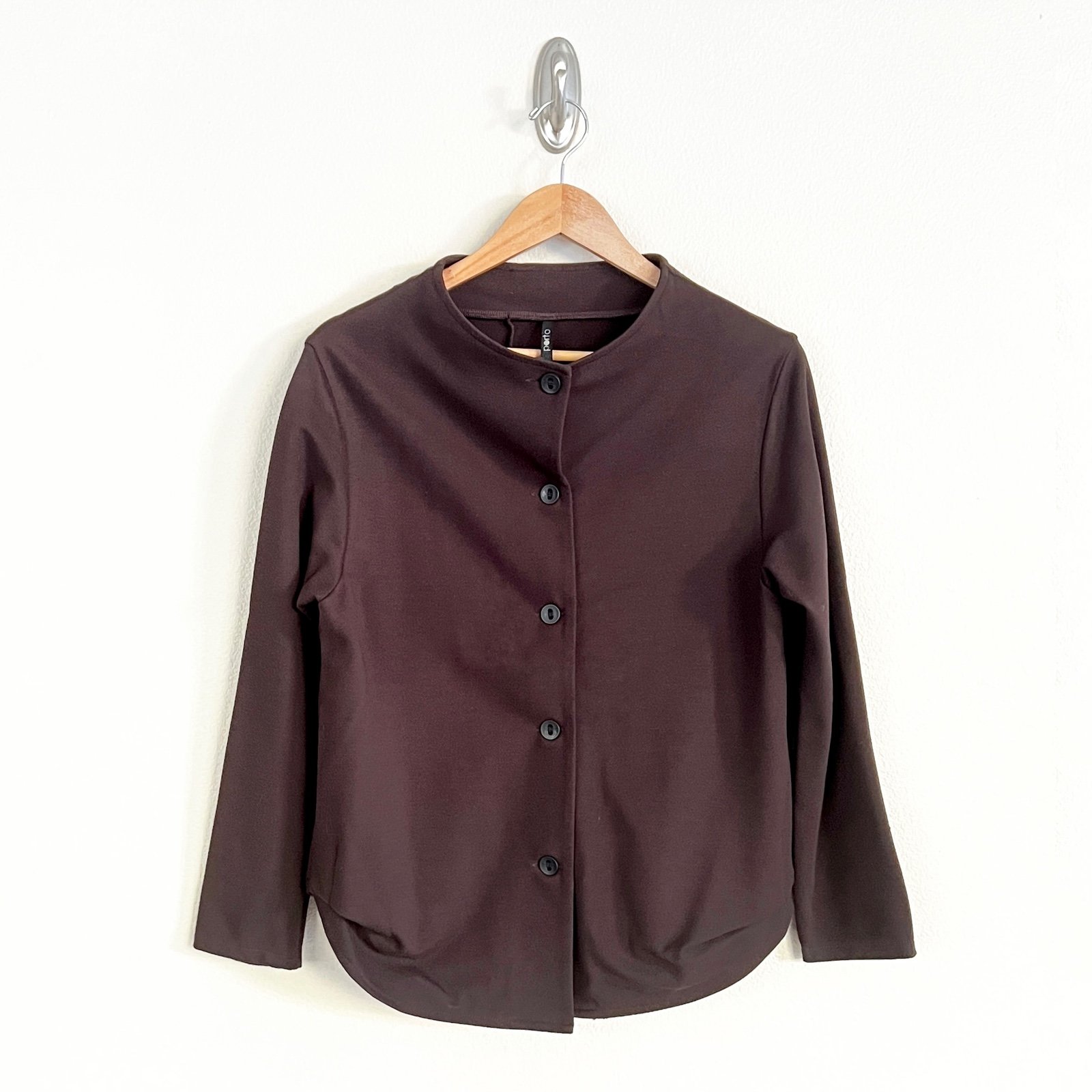 PORTO Funnel Neck Pleat Knit Cardigan in Brown