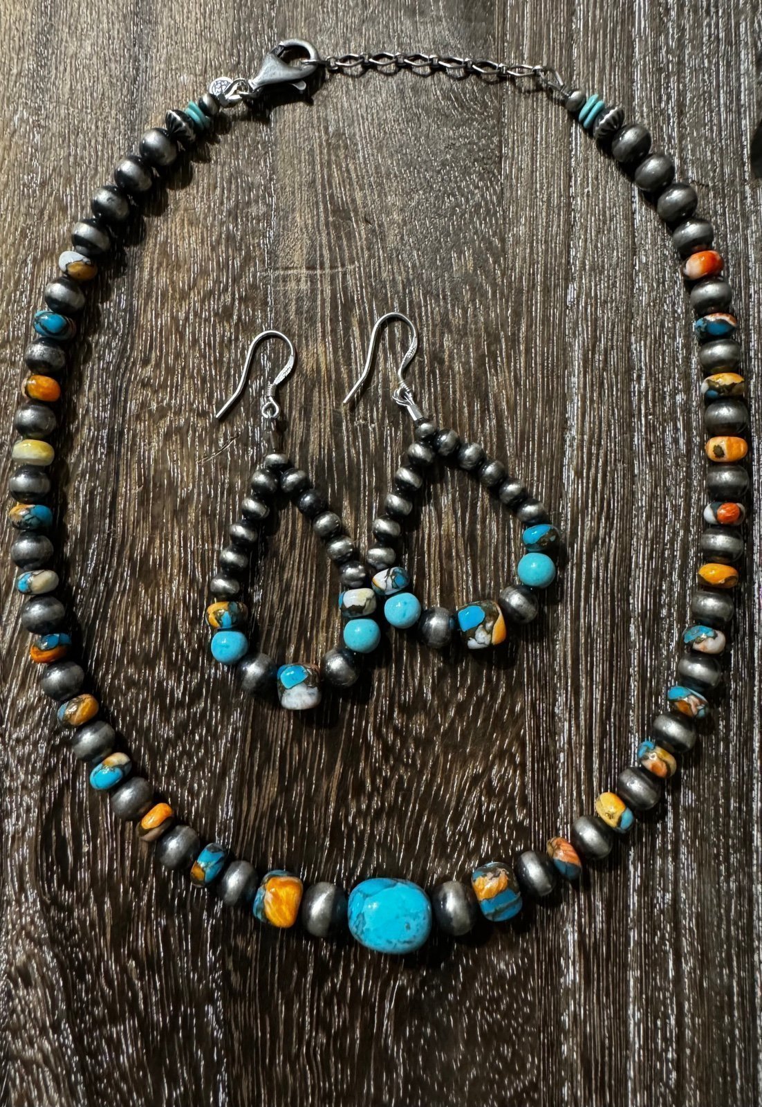 NEW Handmade Sterling Silver Navajo Pear & Turquoise Necklaces/Earring Set