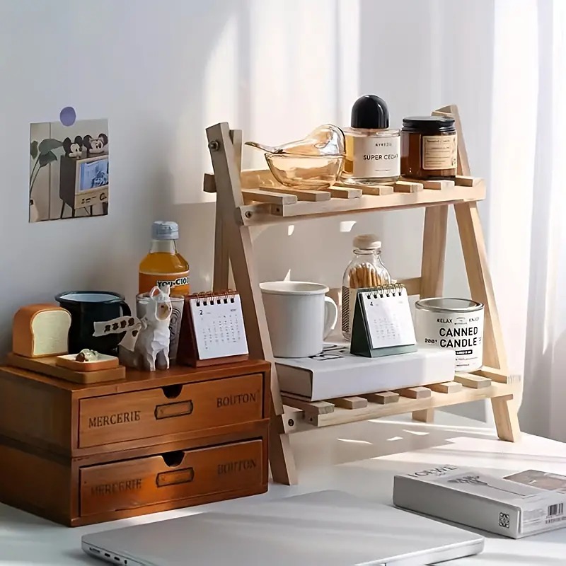 1 piece wooden storage rack, 2-layer storage rack, ladder table display rack
