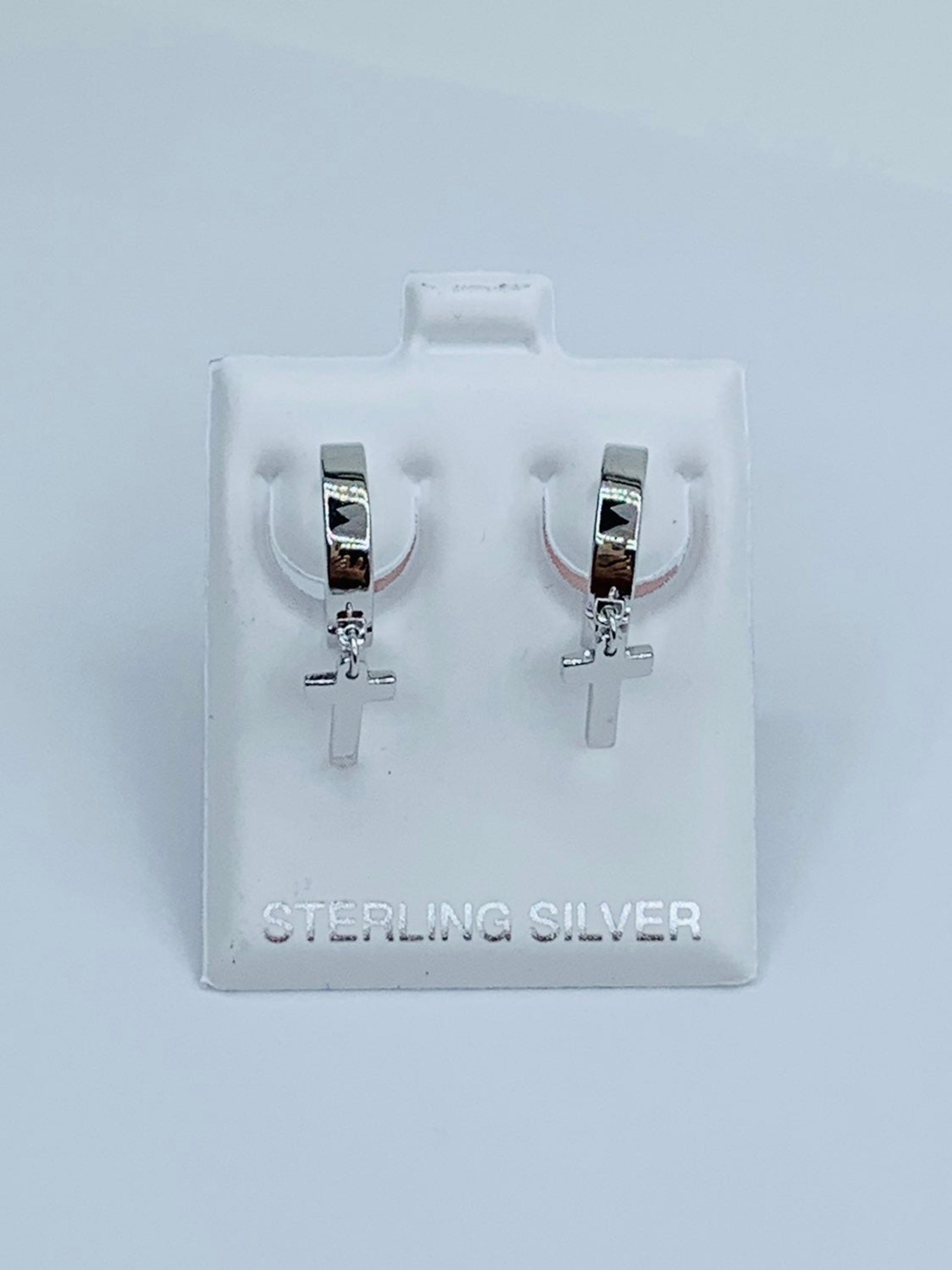 ❤️ 925 Sterling Silver Earrings huggies hoops with dangling cross
