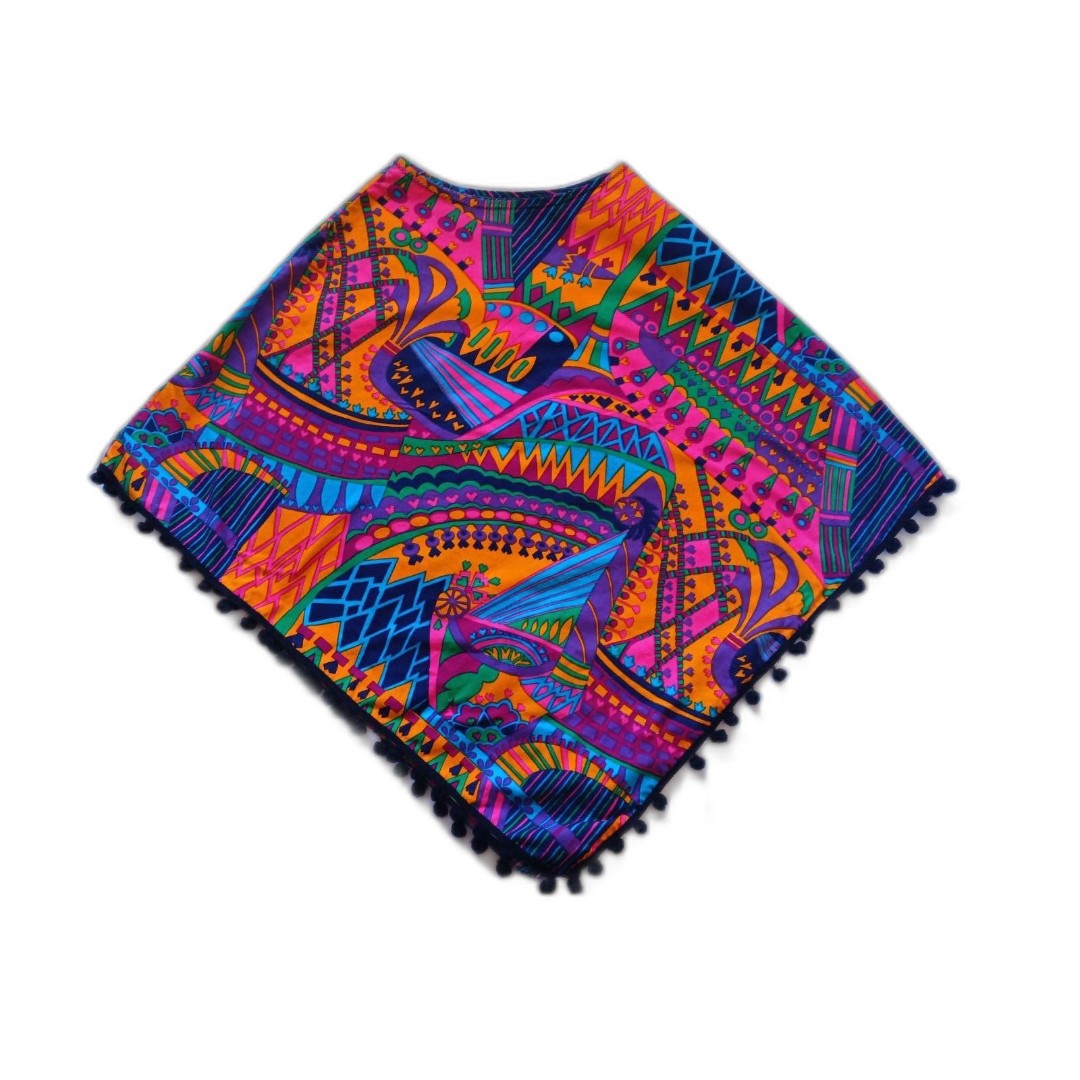 Handmade Poncho Handkerchief Skirt Psychedelic 60s Mod Southwest Print Bold XXS