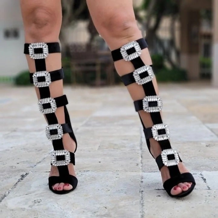 classic style Cut Rhinestone Black Out Velvet Heels High Knee Women classic style Cut Rhinestone Black Out Velvet Heels High Knee Women