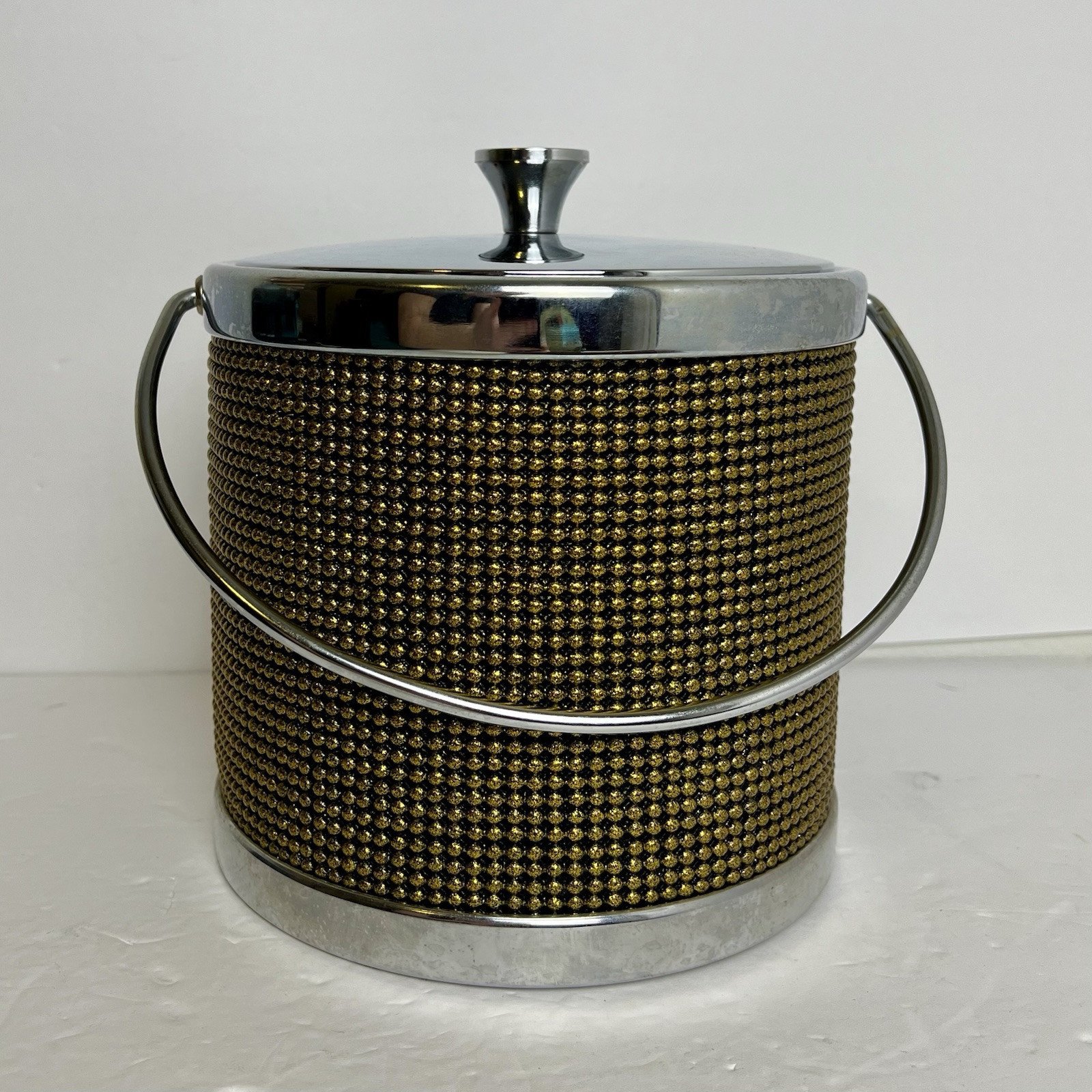 MCM Japan Metal Chrome Beaded Ice Bucket with Lid Gold Tone Handle VTG