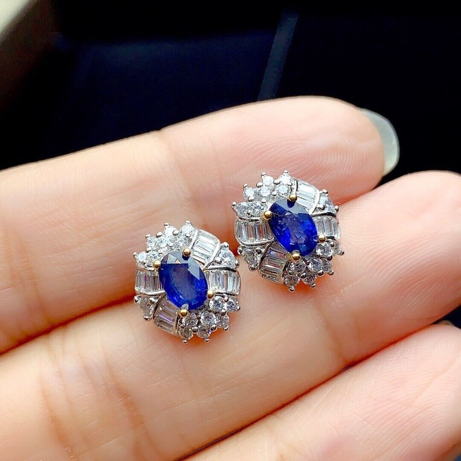 Large Sapphire Stud Earrings, Natural Blue Sapphire Stud Earrings Platinum