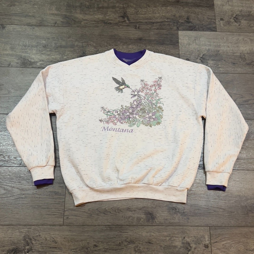 Vintage 90s Prairie Mountain Montana Hummingbird Grandma Sweatshirt Made USA XL