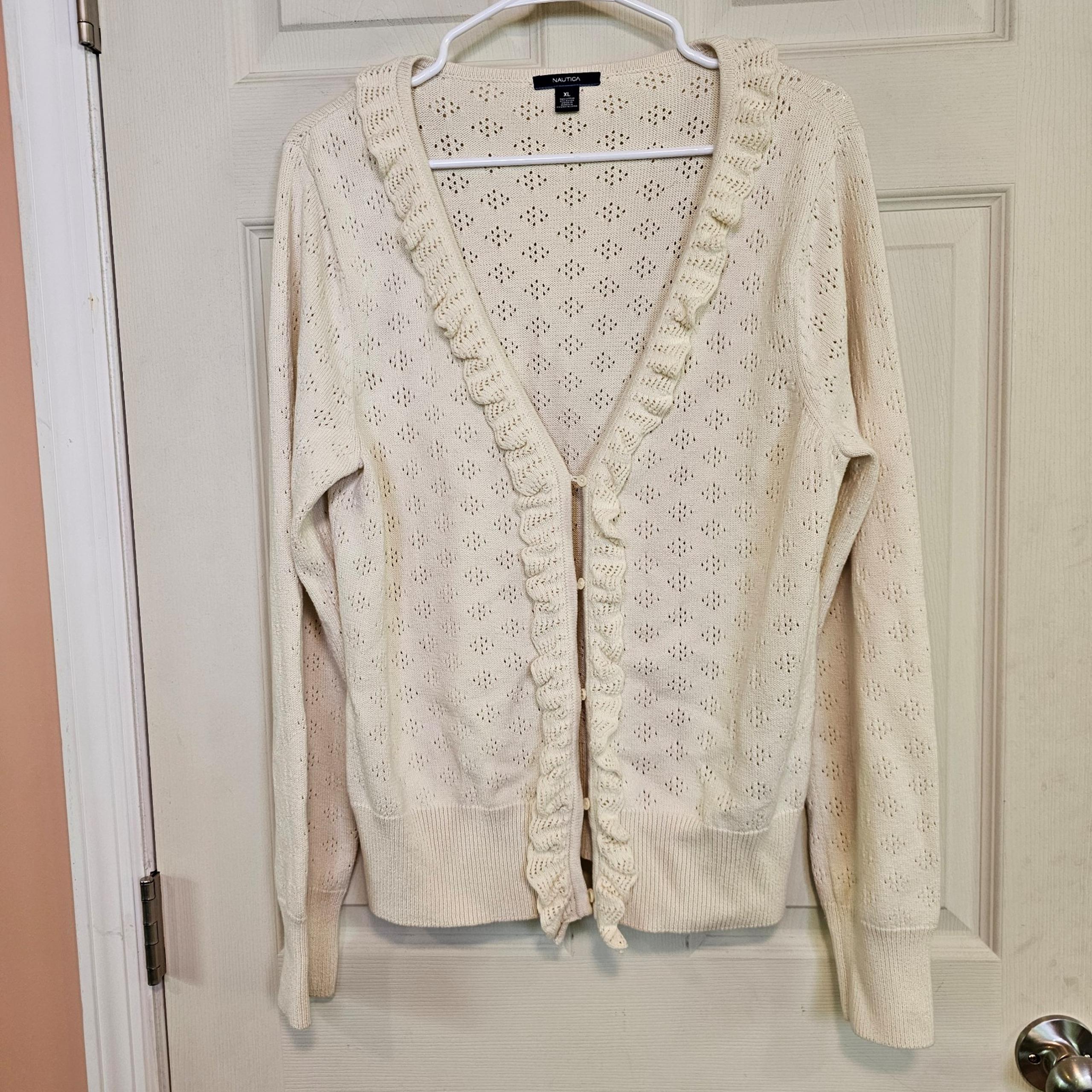 Nautica Eyelet Ruffle Coastle Grandma Knit Cream Cardigan Sweater
