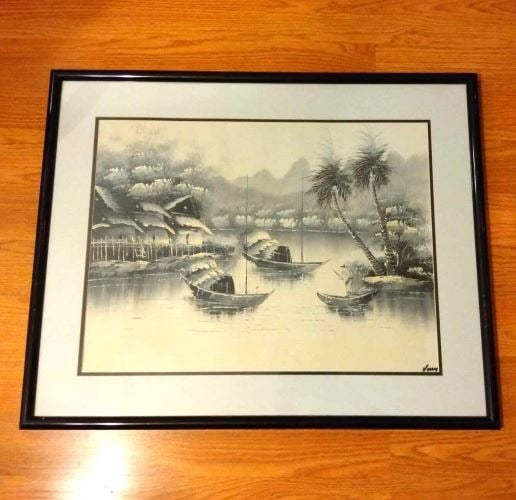 Vintage Signed Original Asian Large 30 x 25 Monochrome Nautical Painting