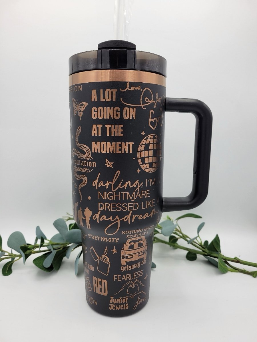Black and Copper 40 oz handled tumbler Taylor Swift engraved