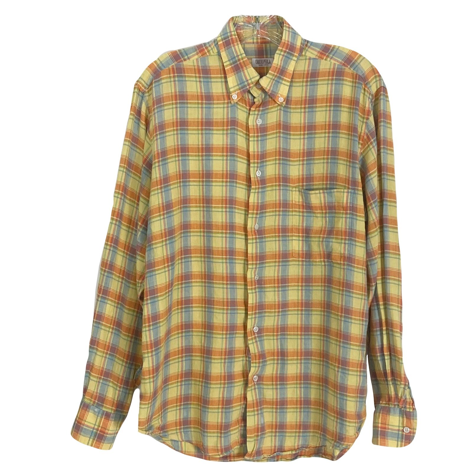 NWOT GRIGIO PERLA Shirt Men M ITALY Plaid Long Sleeve Button Multi Pocket