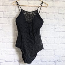 La Blanca Power Couple High Neck One Piece Crochet Swimsuit 10 NEW Black Cut Out