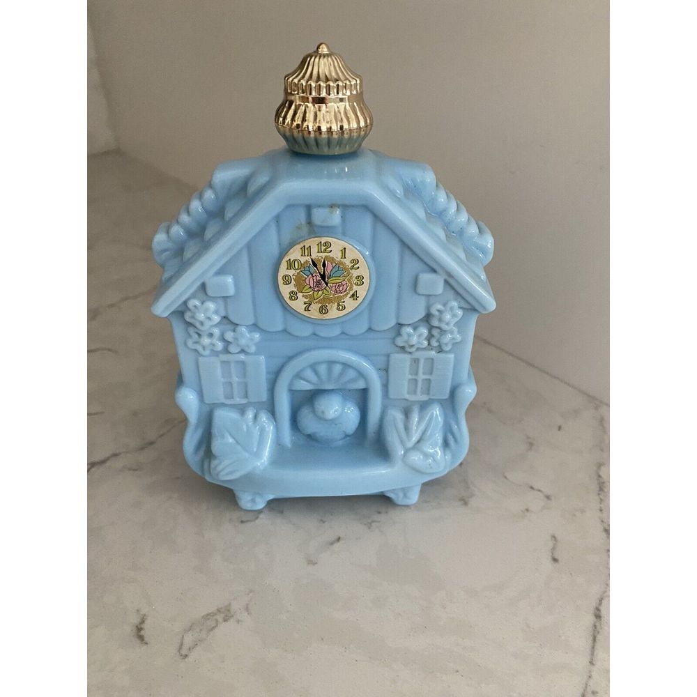 Avon Blue Milk Glass Birdhouse Cuckoo Clock Full of Rose Rose Cologne 70's