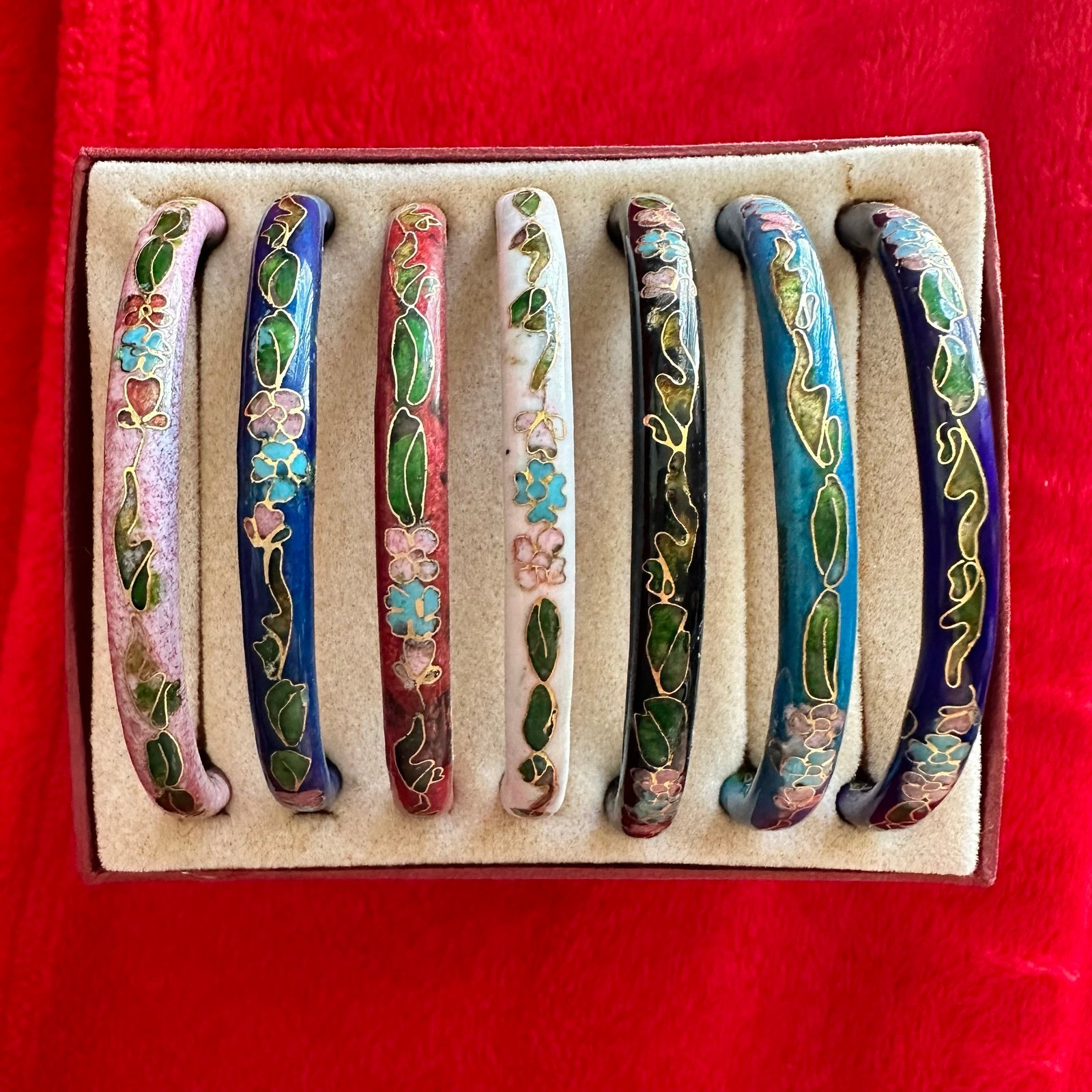 Vintage Cloisonné Floral Porcelain Bangle Bracelets (Set of 7)