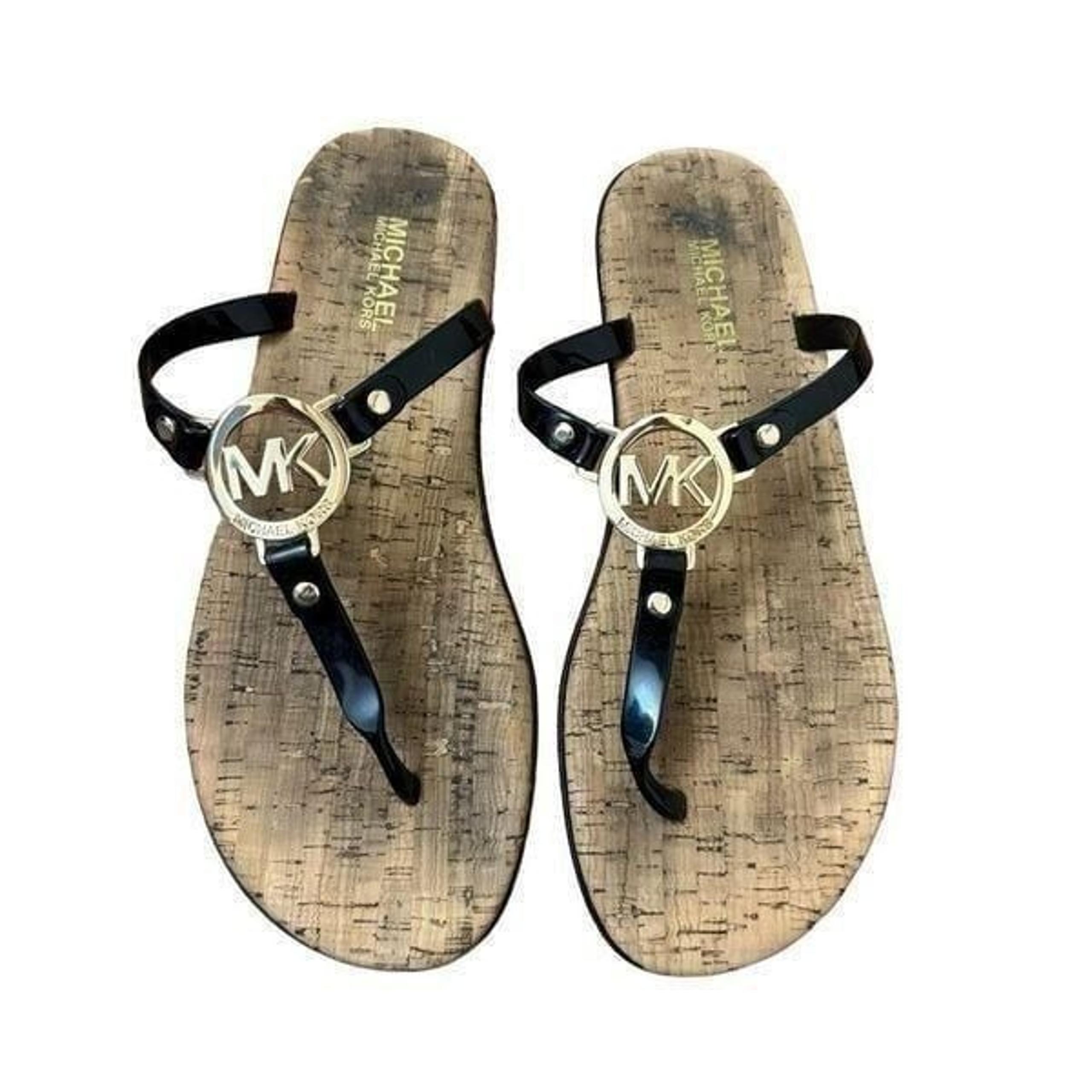 Michael Kors Black Jelly Thong Sandals Gold MK Logo Size 9 - MICHAEL Michael Kors