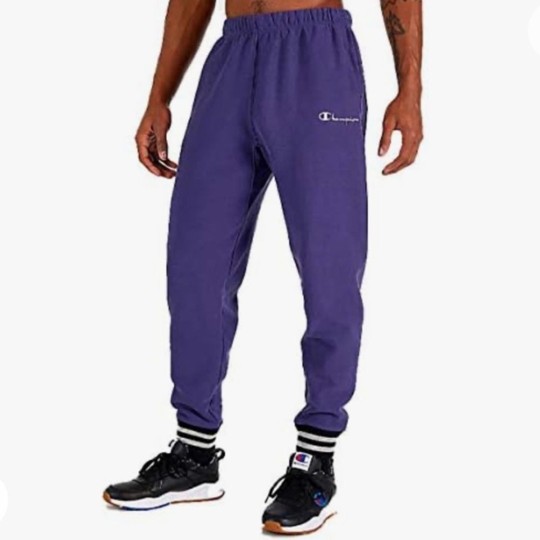 Champion mens Reverse Weave Purple Stripe Rib Trim Jogger Sweatpants