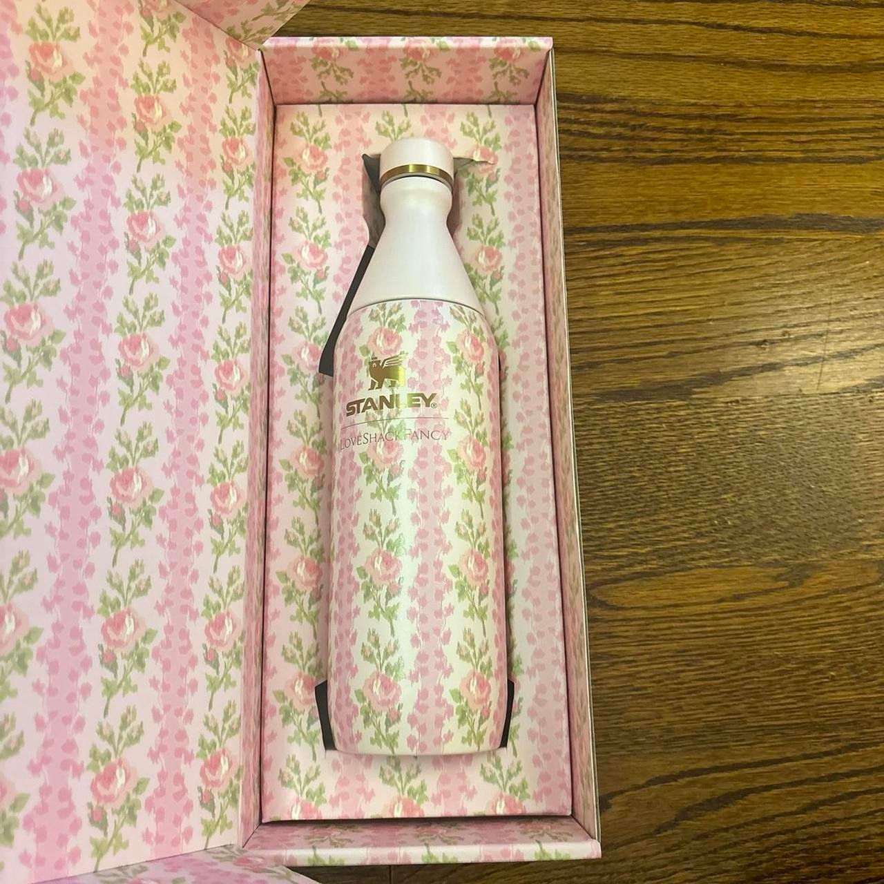 LoveShackFancy Stanley Slim Bottle. Pink floral stainless steel water bottle
