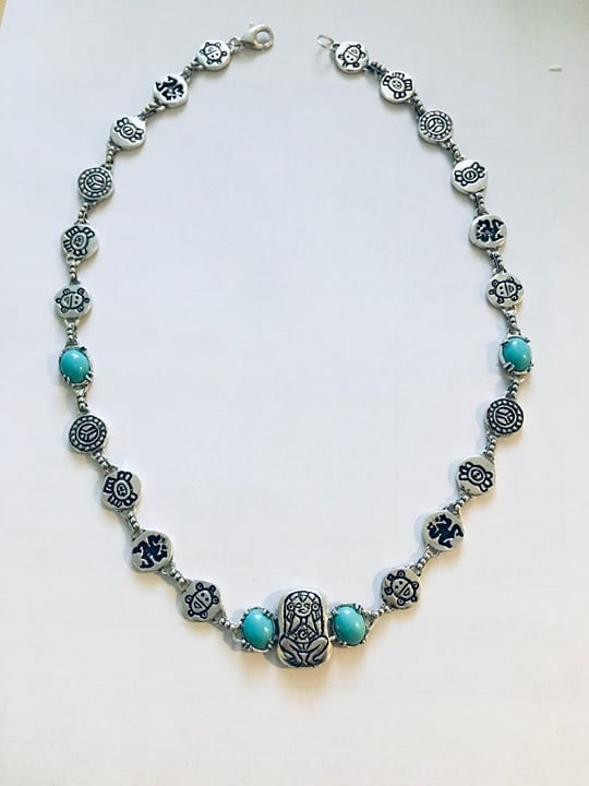 Artisan Taino Mother Goddess Silver and turquoise Necklace